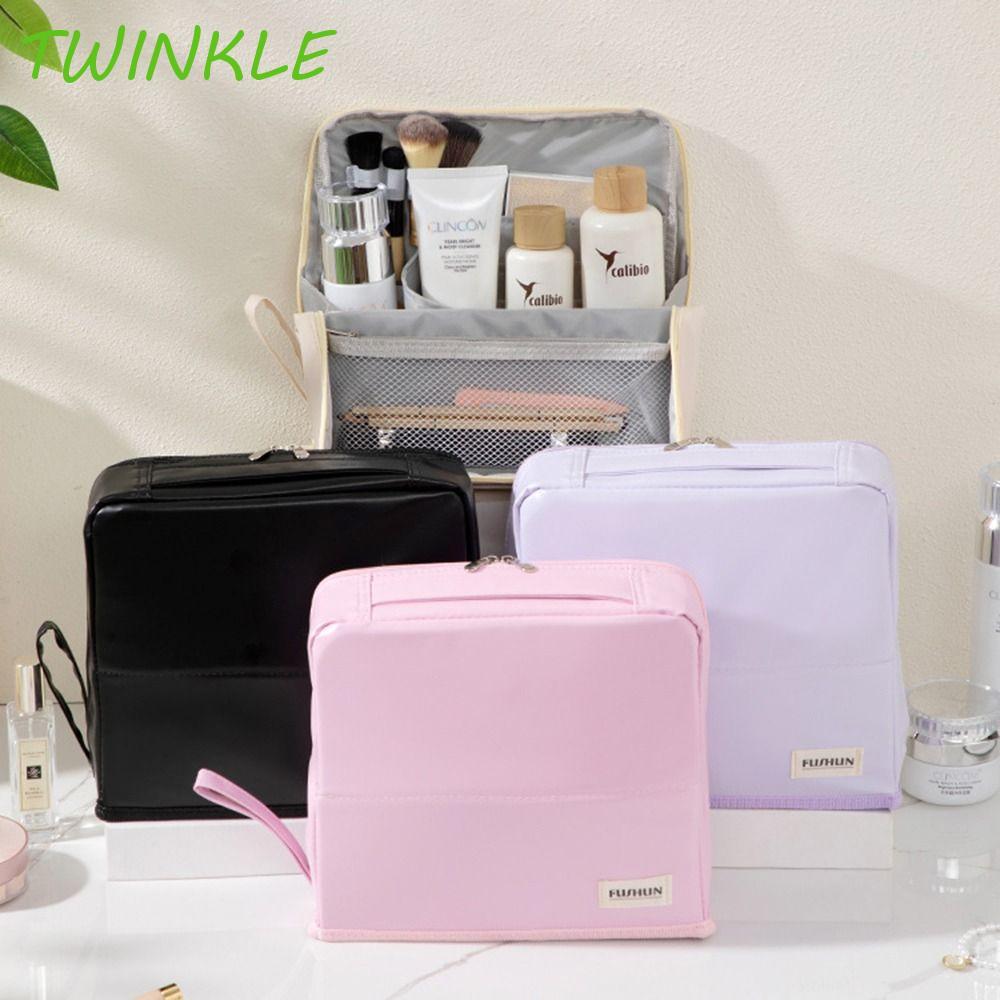 TWINKLE1 กระเป๋าแต่งหน้าแนวตั้ง, กระเป๋าเก็บสกินแคร์ PU ความจุขนาดใหญ่, กระเป๋าเก็บแปรงแต่งหน้าแบบตั้งได้สไตล์มินิมอลมัลติฟังก์ชั่นทนทานผู้หญิง