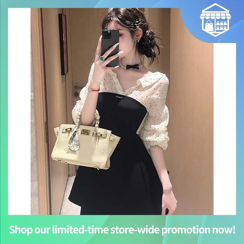 【ฮิตสุดๆ】 CA413 : Calorie Fashion (พร้อมส่ง L-6XL) มินิเดรสสีดำทูโทน คอปกลายจุด แขนพองน่ารักมากก ใส่