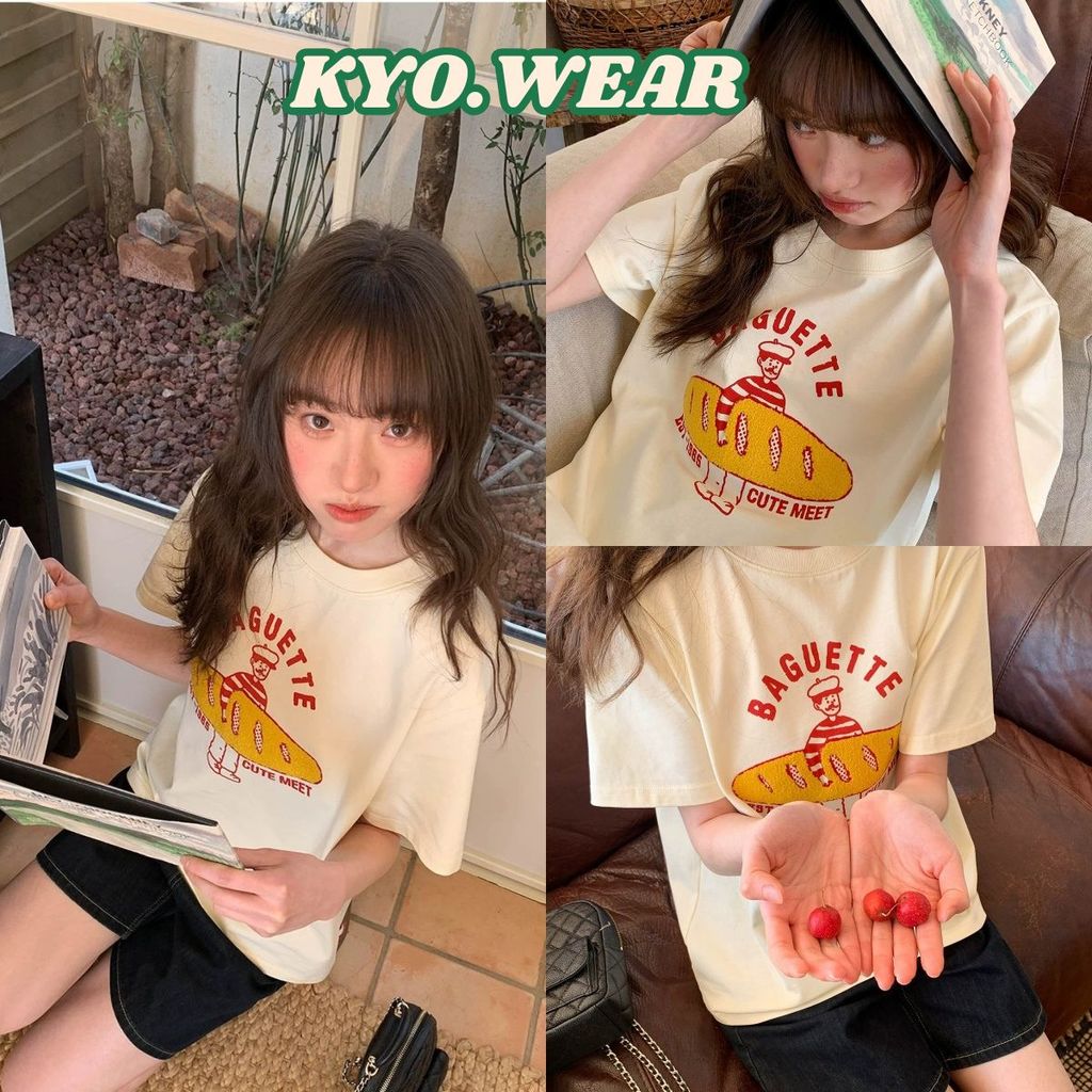 KYO 🌸 เกาหลีสไตล์เสื้อยืด OVERSIZE พิมพ์ลาย "BAGUETTE" ผ้าCOTTON โคตรนุ่ม โคตรนุ่ม เสือใส่สบาย【COD】