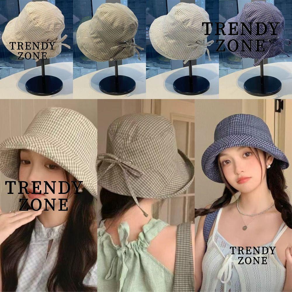 หมวกบักเก็ตลายสก๊อต TRENDYZONE ปีกกว้างพับได้ สไตล์เกาหลี สำหรับม่านบังแดดในวันร้อน