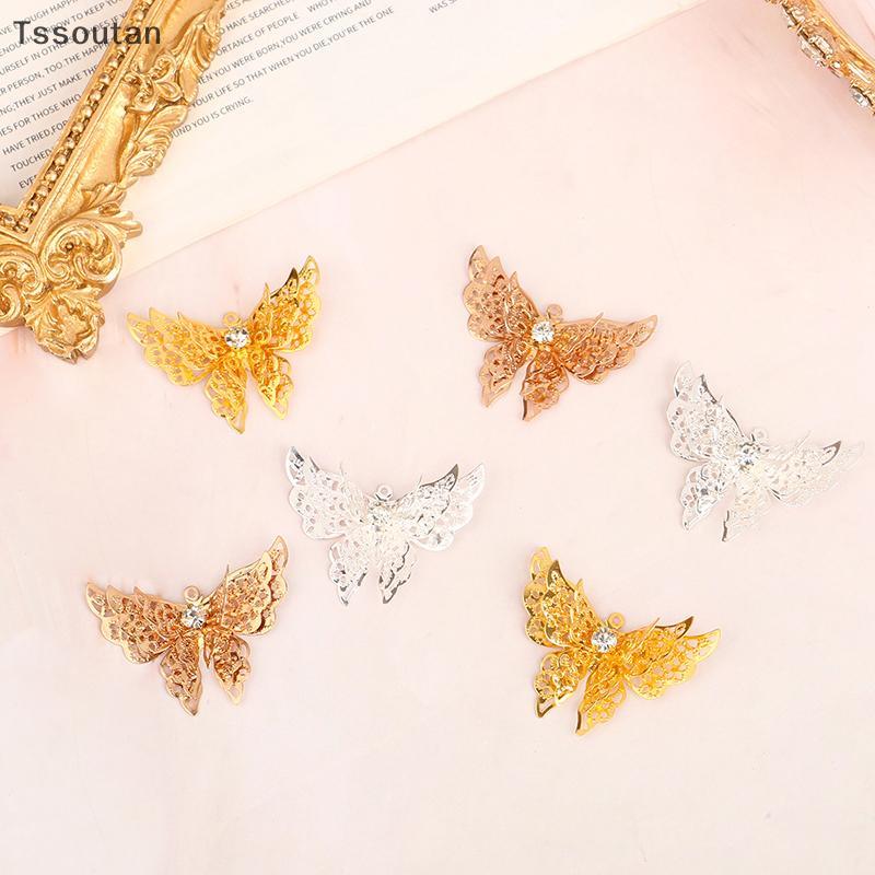 จี้ผีเสื้อทำมือ สไตล์ฟิลิเกรน ขนาด 35x25 มิลลิเมตร พร้อมคริสตัล rhinestones สีทอง/เงิน/บรองซ์ สำหรับทำเครื่องประดับ 10 ชิ้น