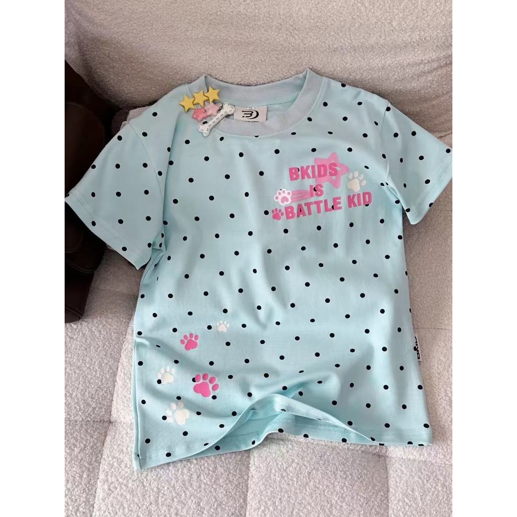 เสื้อยืด Polka Dot Shoulder Cute Summer Dog Paw Print