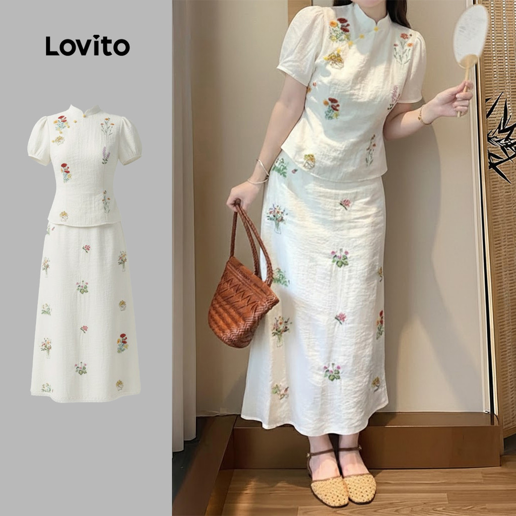 Lovito เสื้อหรือกางเกงสไตล์วินเทจ สำหรับคริสต์มาส/ปาร์ตี้ ปีใหม่ สีสันสดใส สำหรับฤดูใบไม้ผลิ/ฤดูร้อน กางเกงสีแอปริคอทสำหรับผู้หญิง L164ED1025