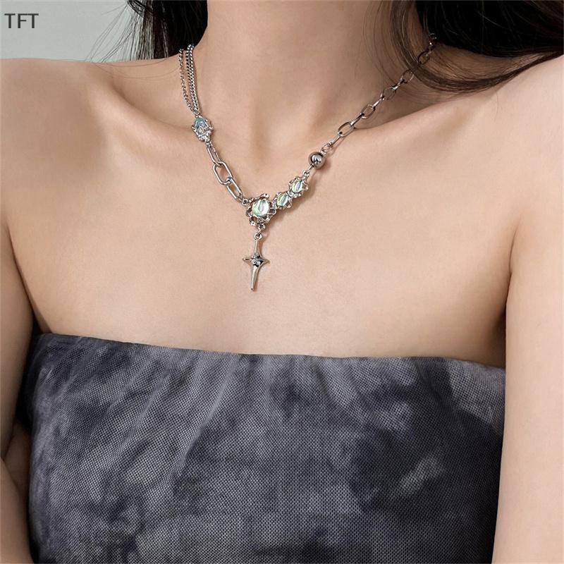 (FTT) สร้อยคอจี้รูปดาวมูนสโตนสุดอินเทรนด์สร้อยคอคริสตัลแนวพังก์ฮิปฮอปเครื่องประดับ Y2K ของขวัญใหม่