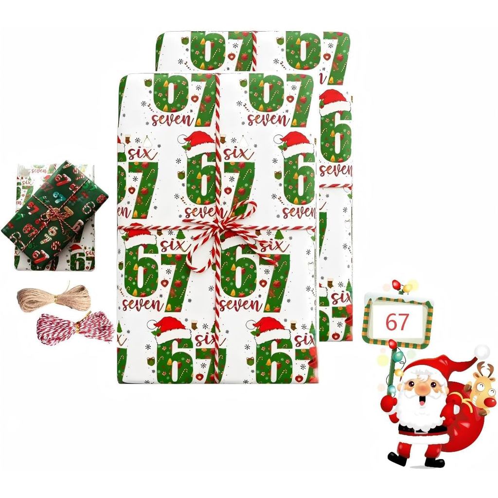 67 กระดาษห่อคริสต์มาส 2 ชิ้น,67 กระดาษห่อ,6 7 meme กระดาษห่อ, ห่อของขวัญวันหยุดวัยรุ่นตลก 67 Meme, ก