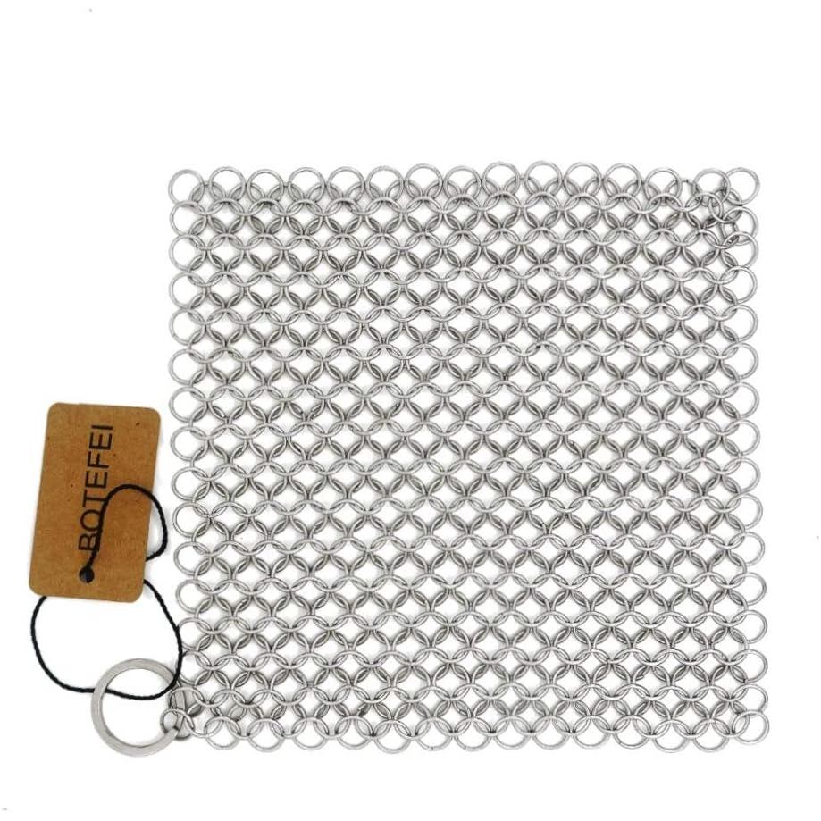 เหล็กหล่อทําความสะอาด 6 "x6.3 "316L สแตนเลสสตีล Chainmail Scrubber สําหรับ Griddle Skillet Dutch เตา