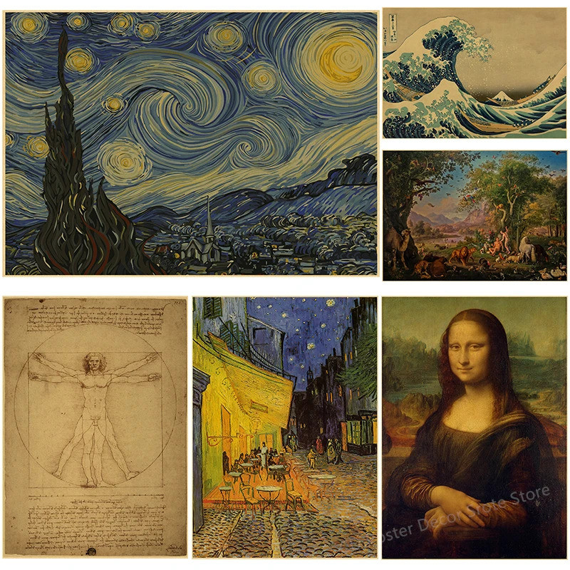 Leonardo Da Vinci Van Gogh Retro โปสเตอร์พิมพ์โปสเตอร์ Vintage Bar Cafe ตกแต่งบ้านห้องนั่งเล่นภาพ Art Wall ภาพวาด