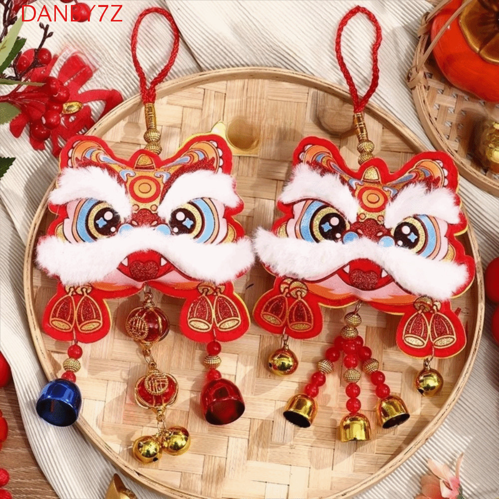 DANBY7Z ตกแต่งตรุษจีน, Waking Lion with Bells Blessing Wind Chime, ประตูแขวนการ์ตูนแบบดั้งเดิม Lunar