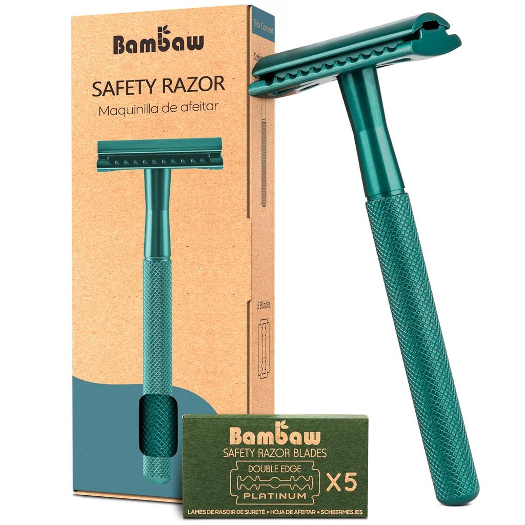 Bambaw Men Safety Razor with 5 Double Edge Safety Razor Blades, Single Blade Razor for Men & Women, 