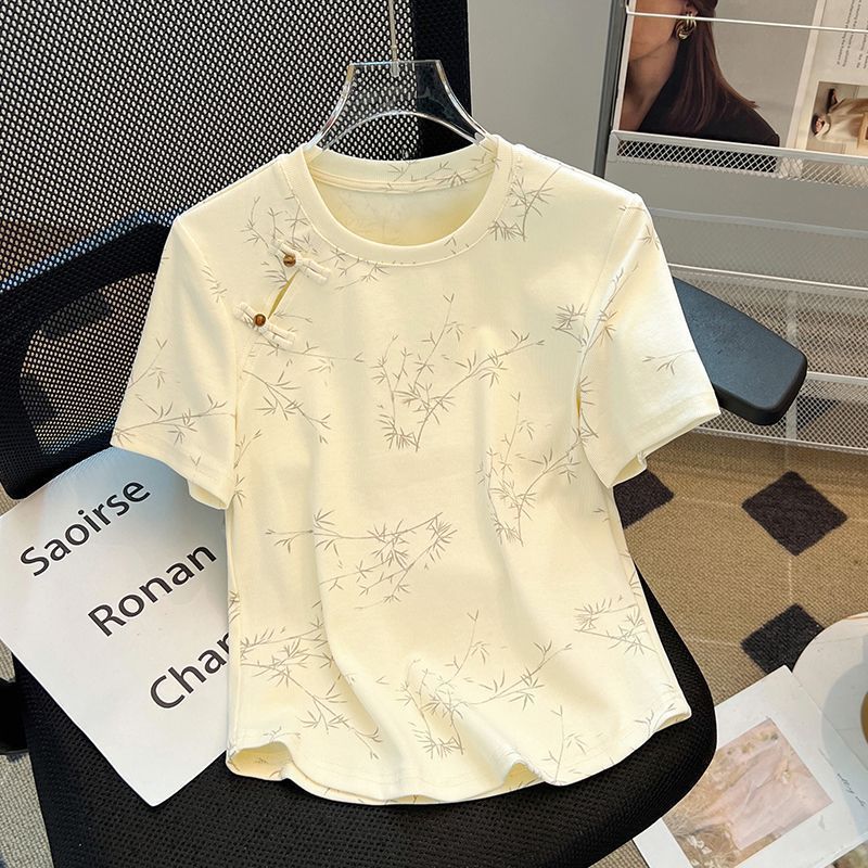 ขนาดใหญ่ใหม่สไตล์จีนปุ่มแผ่นดิสก์แขนสั้นเสื้อยืดผู้หญิง 0 ผู้หญิงหลวม ผอมลง ดูรอบคอด้านบน gdt1223