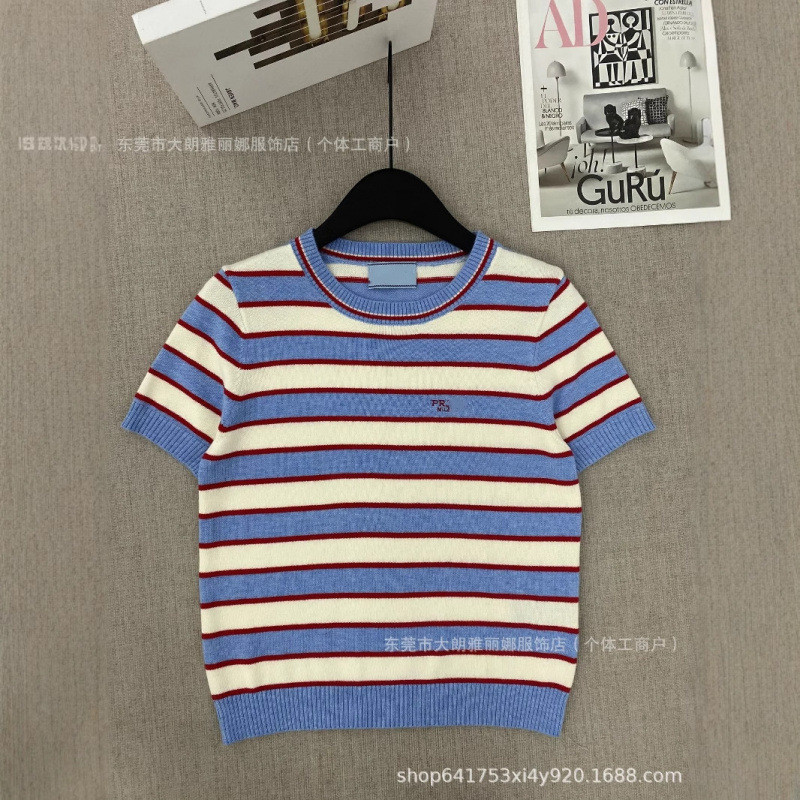 5OZP PRA 25Spring and Summer New College Style Red and Blue Striped Letters logo Embroidered Knitted