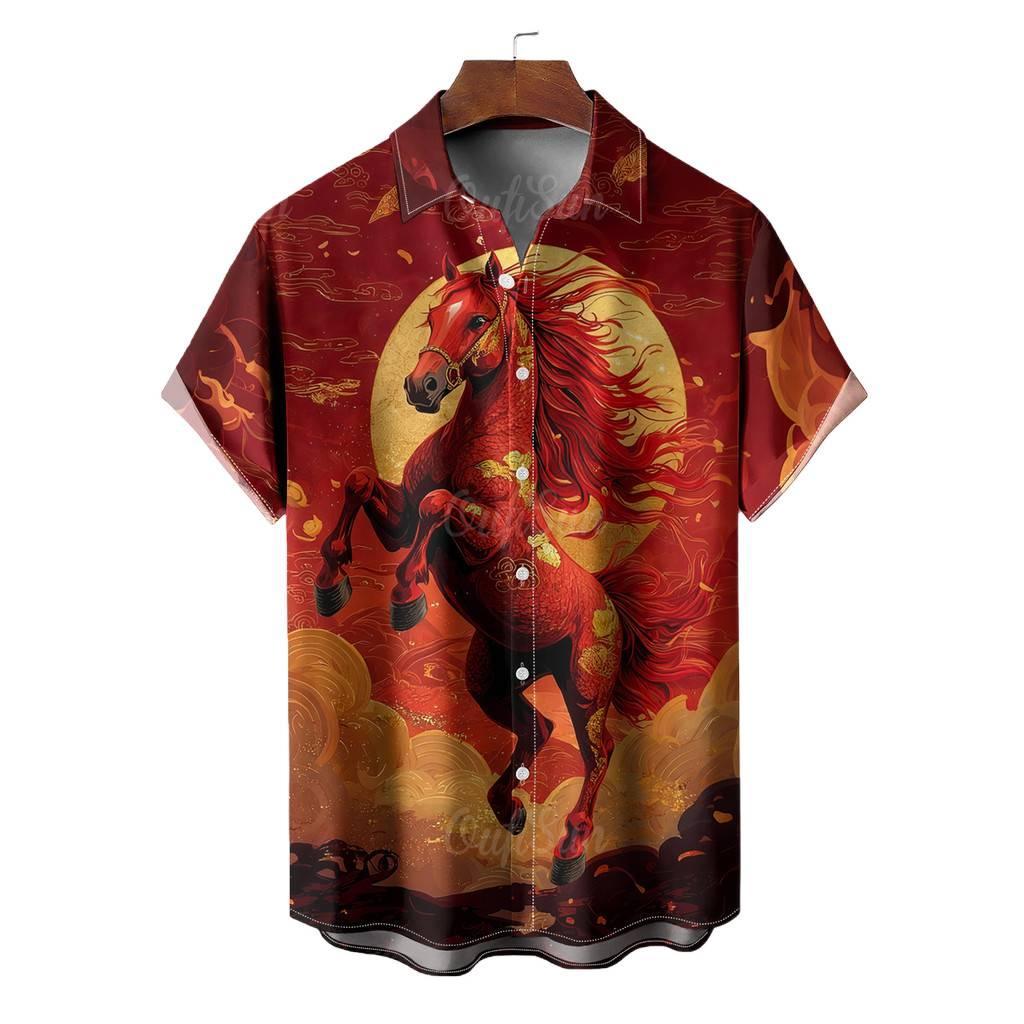 เสื้อแขนสั้นฮาวายสีแดงสำหรับผู้ชาย เหมาะสำหรับปีใหม่และงานเลี้ยง มงคลปีม้า - รูปที่ 2