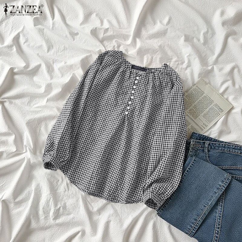 ZANZEA ผู้หญิงเกาหลีวินเทจลําลองคอกลมแขนโคมไฟออกแบบปุ่มจีบเสื้อลายตารางหมากรุก — صورة 5
