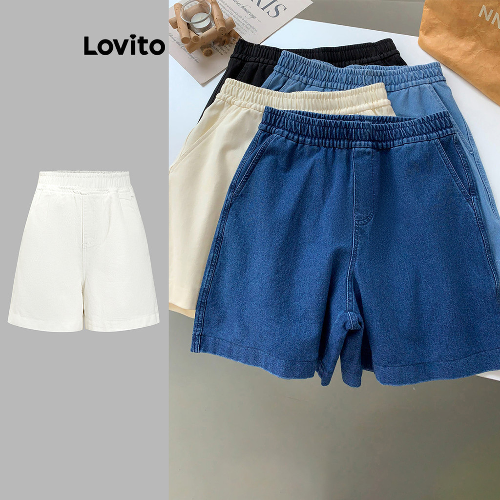 Lovito กางเกงขาสั้นยีนส์ลำลอง กางเกงขาสั้นยีนส์ผูกเชือกสีพื้นสำหรับผู้หญิง Lne17