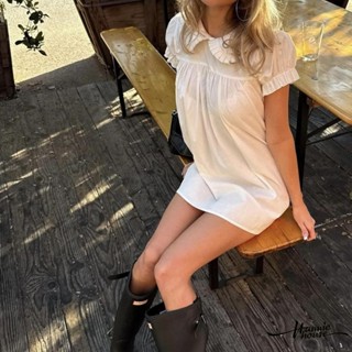 ชุดเดรสแขนสั้น แบบคอตุ๊กตา สีทึบ สำหรับผู้หญิง