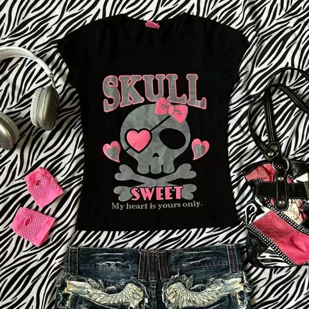 เสื้อยืดน่ารักสีดำ ผ้าฝ้ายแท้ สไตล์ยุค Y2K อเมริกัน La Simple Vintage Skull - รูปที่ 2