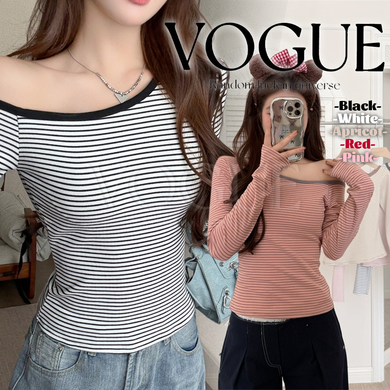 Vogue🌟พร้อมส่ง🌟 เสื้อแขนยาวเปิดไหล่ ลายทางเส้นเล็ก เสริมฟองน้ำ ยืดตามตัว (FY5180)