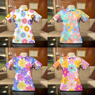 เสื้อสงกรานต์ เสื้อโปโลพิมพ์ลายดอกไม้สีรุ้งสําหรับผู้หญิง เส…