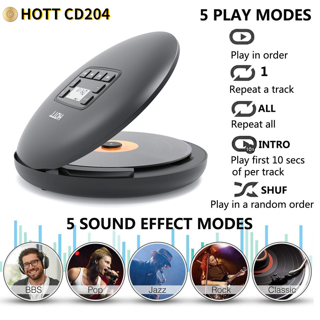 HOTT CD204 ชาร์จแบบพกพา CD Player เพลงขนาดเล็ก CD Walkman Discman พร้อมจอแสดงผล LCD ของขวัญสําหรับผู