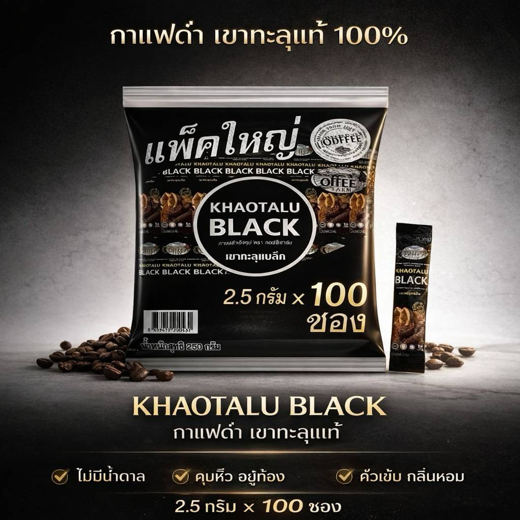 กาแฟดำเขาทะลุ1 ห่อใหญ่ 100 ซอง แบล็ค ตรา คอฟฟี่ฟาร์ม กาแฟจากชุมพร ขนาด 2.5 กรัม