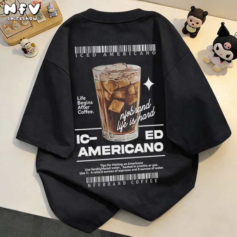 NFV แฟชั่นเกาหลี🍒เสื้อยืดแขนสั้นคอกลม ลายพิมพ์กาแฟ ระบายอากาศ ผ้าฝ้ายแท้ ใส่สบาย ทรงหลวม YG883