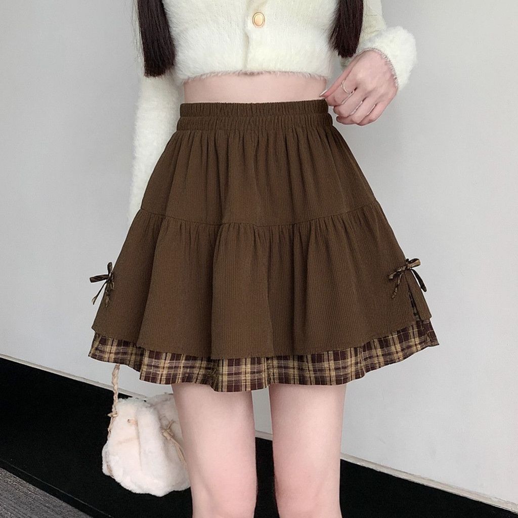 กระโปรง-mini เอวสูงสีกาแฟ พร้อมโบว์ ลายเชคเกอร์ แฟชันฤดูใบไม้ผลิ