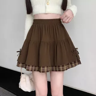 กระโปรง-mini เอวสูงสีกาแฟ พร้อมโบว์ ลายเชคเกอร์ แฟชันฤดูใบไม้ผลิ