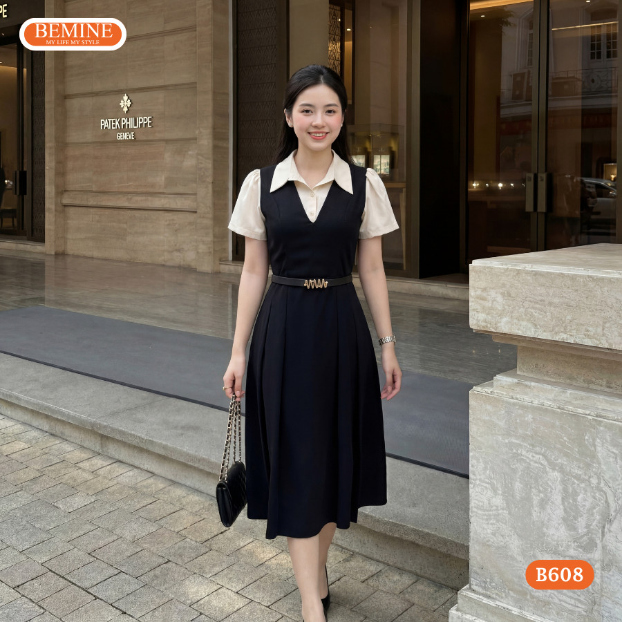 BEMINE เดรสดีไซน์คอปกเชิ้ตและเสื้อชั้นในสตรีทรงเอเทียม เหมาะสําหรับทํางาน-B608