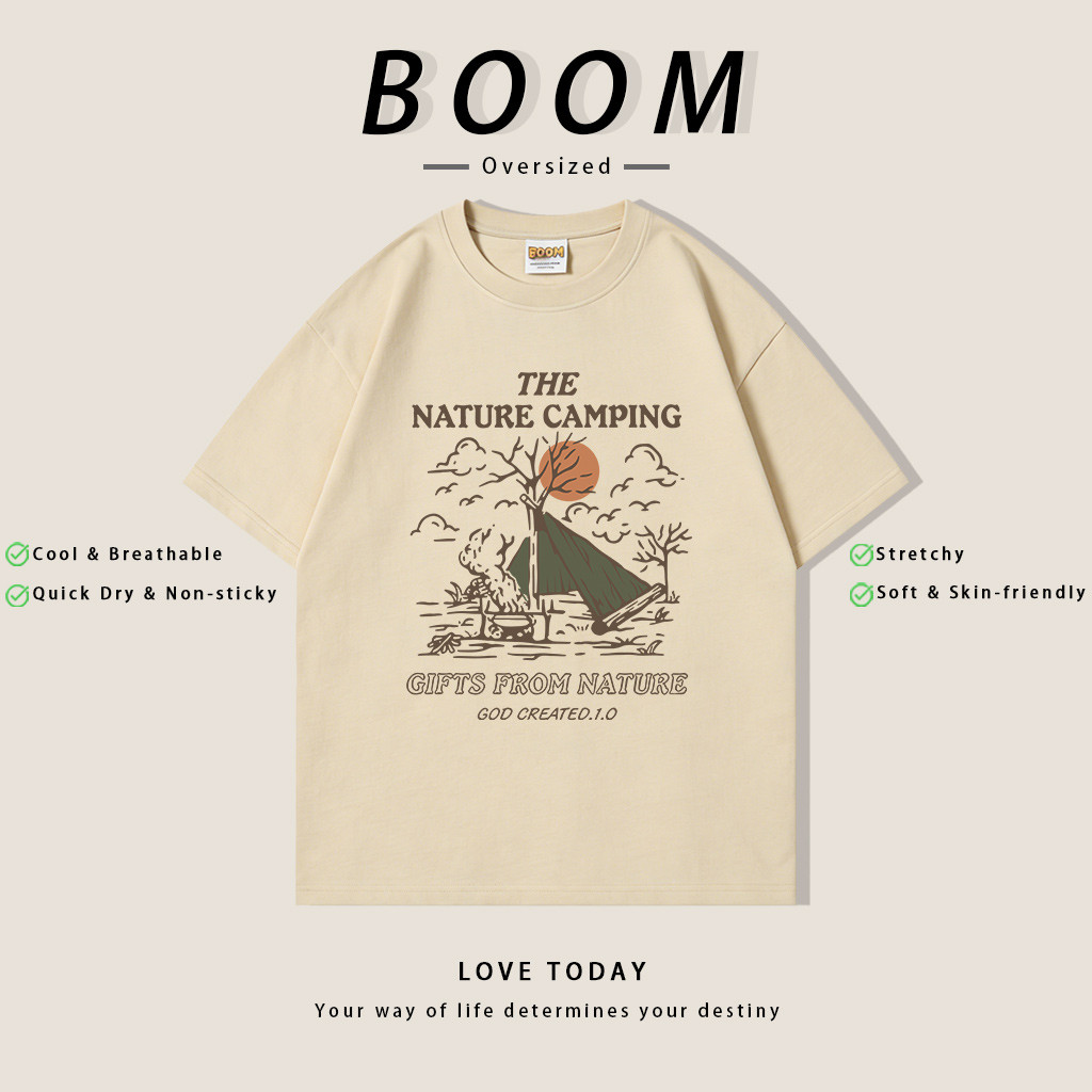 BOOM ฤดูร้อน เสื้อยืดสั้นแขนผ้ายืด สไตล์เรโทร Oversize ลาย THE NATURE CAMPING คุณภาพ ระบายอากาศดี (เงินสดปลายทาง)