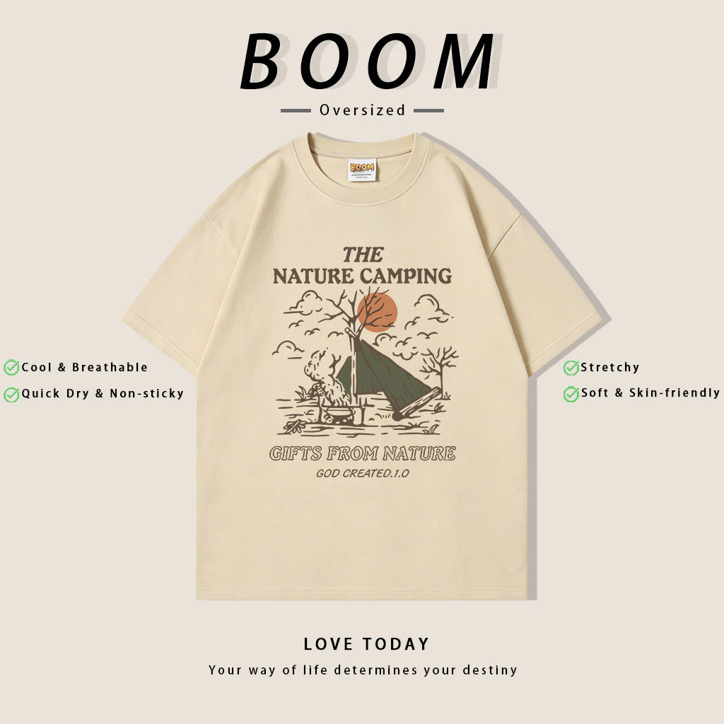 BOOM ฤดูร้อน เสื้อยืดสั้นแขนผ้ายืด สไตล์เรโทร Oversize ลาย THE NATURE CAMPING คุณภาพ ระบายอากาศดี (เงินสดปลายทาง)