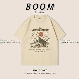 BOOM ฤดูร้อน เสื้อยืดสั้นแขนผ้ายืด สไตล์เรโทร Oversize ลาย THE NATURE CAMPING คุณภาพ ระบายอากาศดี (เงินสดปลายทาง)