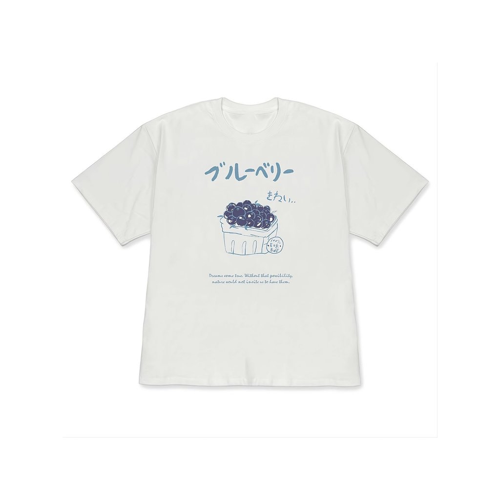 เสื้อยืดไซส์โอเวอร์ไซส์สำหรับผู้หญิง ลายบลูเบอร์รี่ภาษาญี่ปุ่น/อังกฤษ - เสื้อคอกลมแขนสั้นไหล่ตก, เสื้อยืดคู่รักแบบสบายๆ