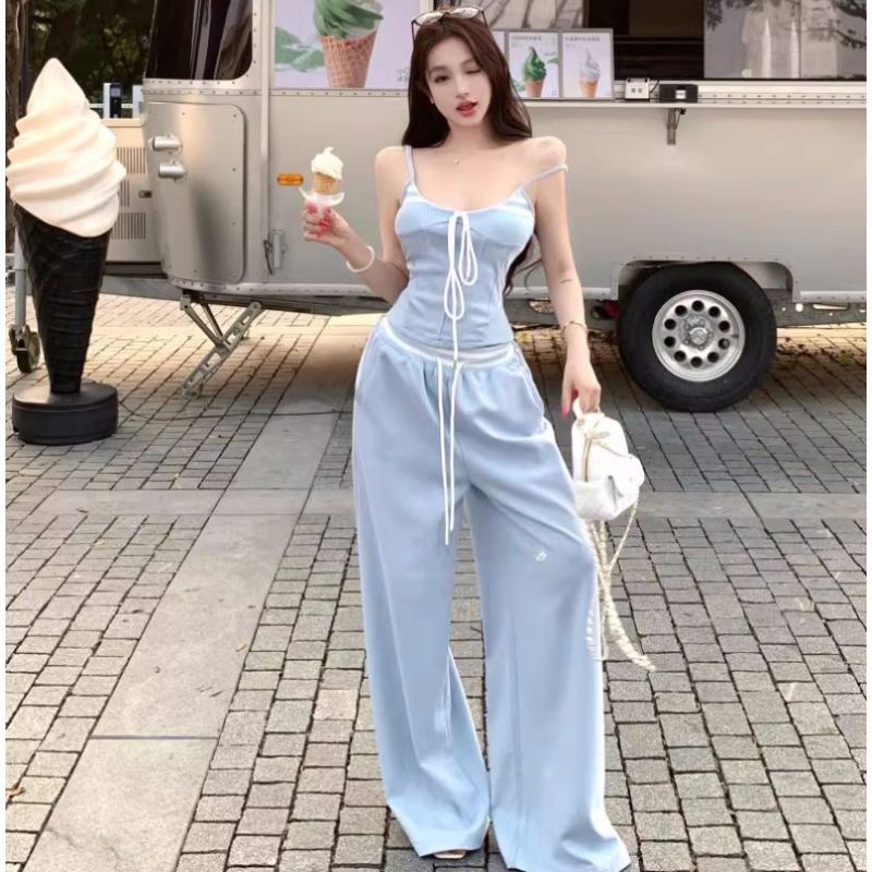 [จํากัดเวลา Seckill] Sweet Hot Girl Suit Laced-Up Short Camisole ผู้หญิงฤดูร้อนสไตล์ใหม่อารมณ์เอวสูง Slimmer ดูขากว้าง...