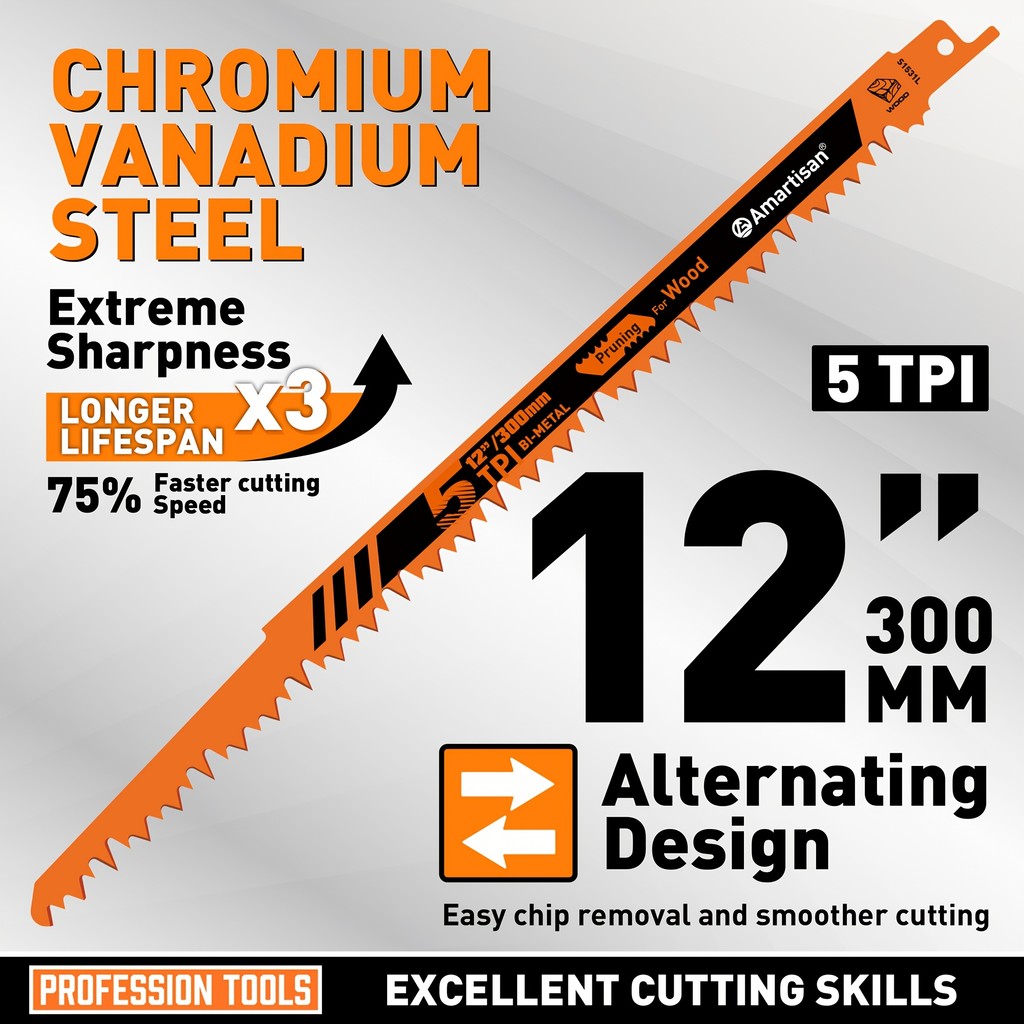 5 ชิ้น 12 "ใบเลื่อยลูกสูบสําหรับตัดแต่งกิ่งและตัดไม้ 300 มม.ยาวพิเศษ 5TPI Ultra Hardened Sawzall ใบมีดเหมาะกับ DeWalt Milwaukee Makita งานไม้ภูมิทัศน์ Contractor เกรด