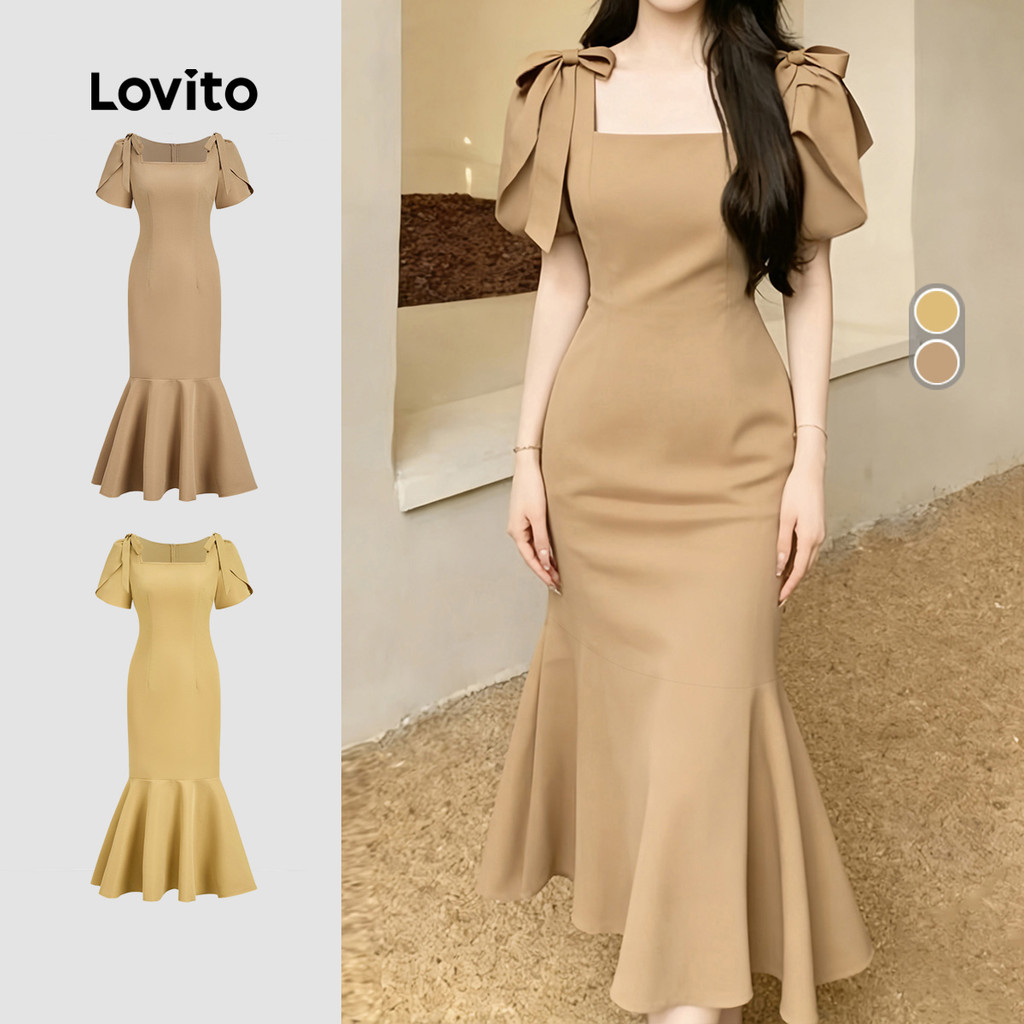 Lovito สง่างาม เดรสลูกไม้สําหรับฤดูใบไม้ผลิ/ฤดูร้อนสําหรับผู้หญิง สีไลท์คากิ L172ED407