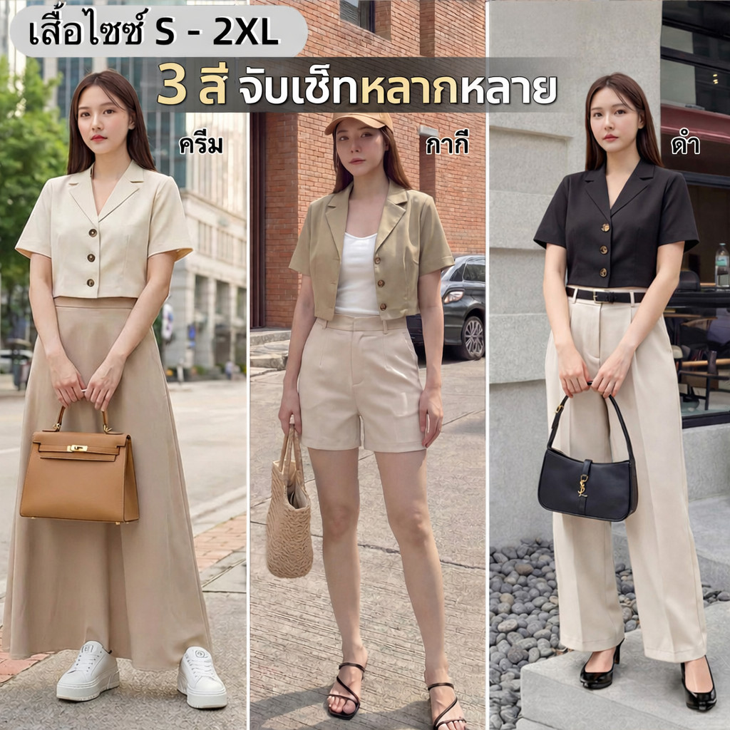 Suysuy พร้อมส่ง เสื้อคลุม แขนสั้น คอปก ทรงวี รุ่นติดกระดุม แบบสั้น ผ้าคอตตอน ทรงสวยเรียบง่าย ใส่แล้วดูดีมาก