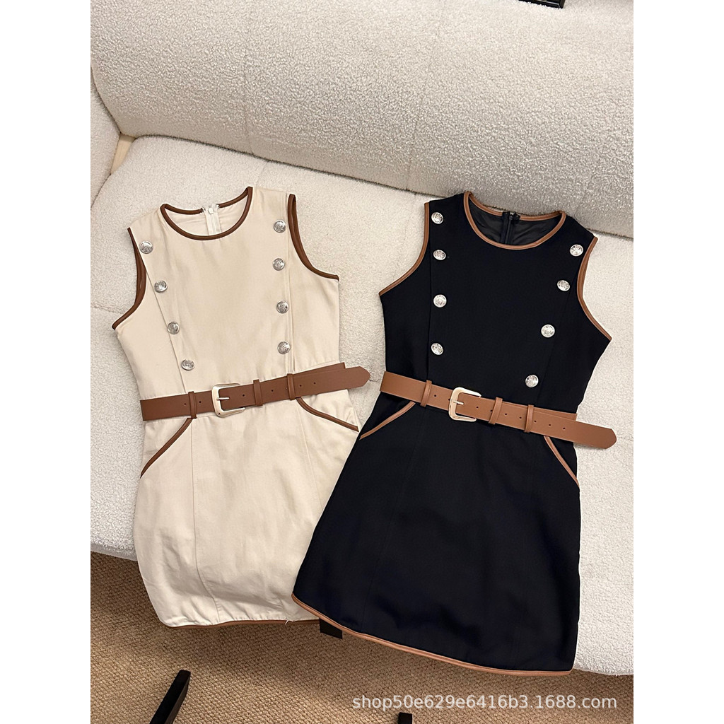 V7TT New sleeveless color-blocked buttoned waist-cinching dress for women, elegant and slimming A Sh