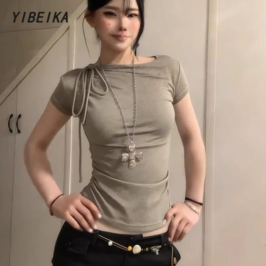 สไตล์เกาหลี คอกลม สายผูกโบว์ ทรงลิฟฟิต แขนสั้น จีบ สวมใส่สบาย