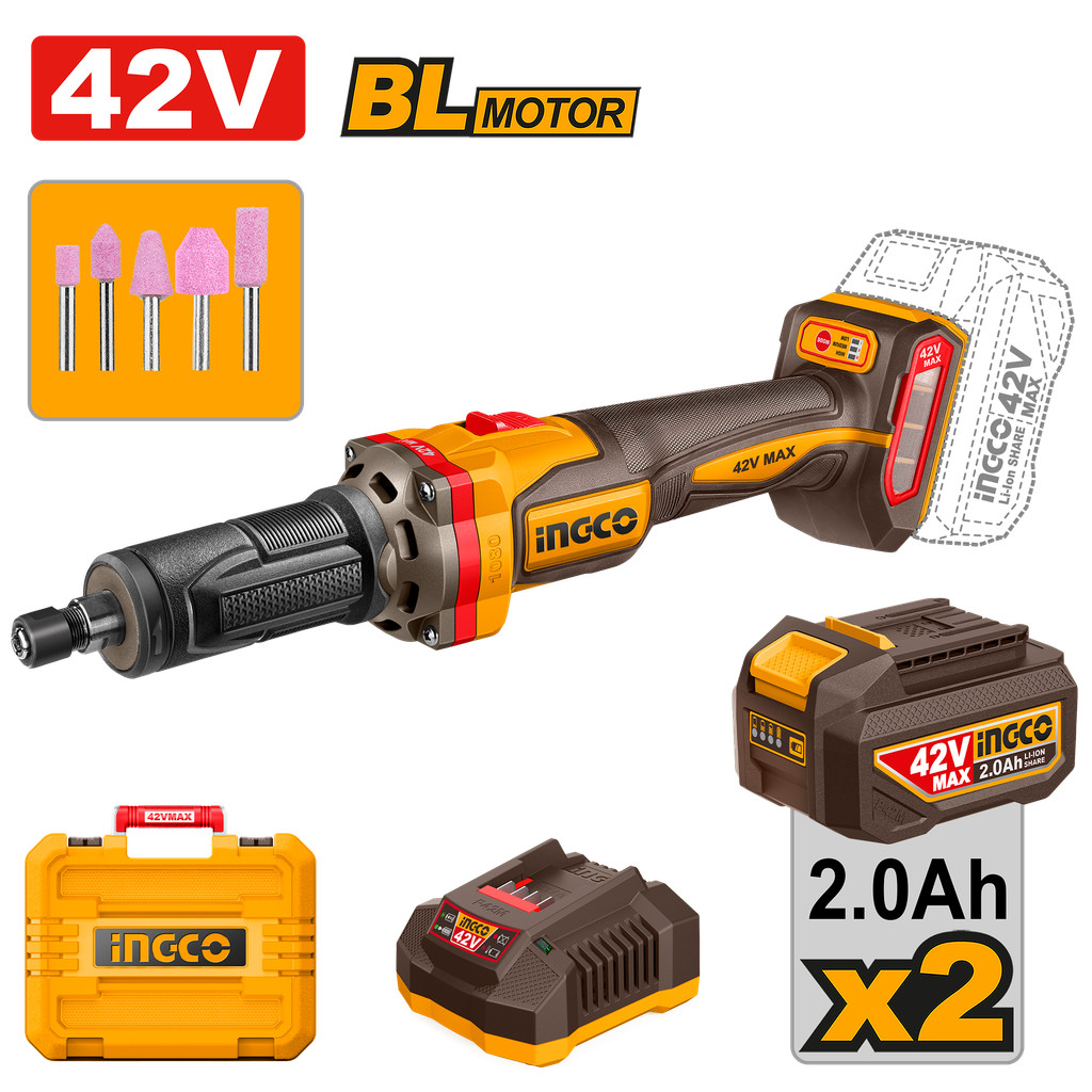 INGCO เครื่องเจียรพิมพ์ไร้สาย 42V (Brushless) รุ่น CDGLI42012 เครื่องเจียรคอตรง พร้อมแบต 2.0Ah x2 แล