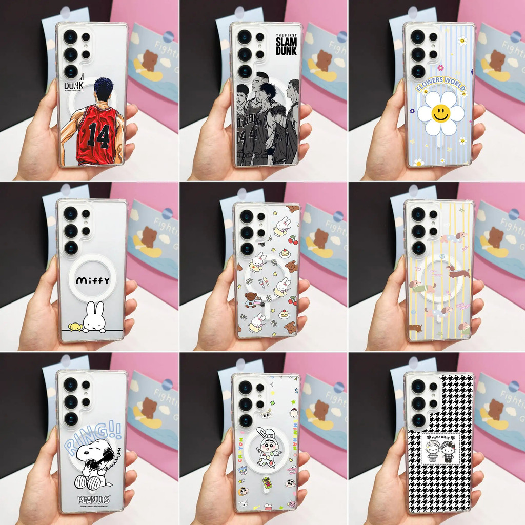 สําหรับSamsung s26 Ultra S25 FE S25 UltraกรณีS24 Ultra S24 FEน่ารักการ์ตูนแม่เหล็กS23 ultra Hard Shell s22 ultra S25 plusโปร่งใสบาสเกตบอลกระต่ายดอกไม้สุนัข