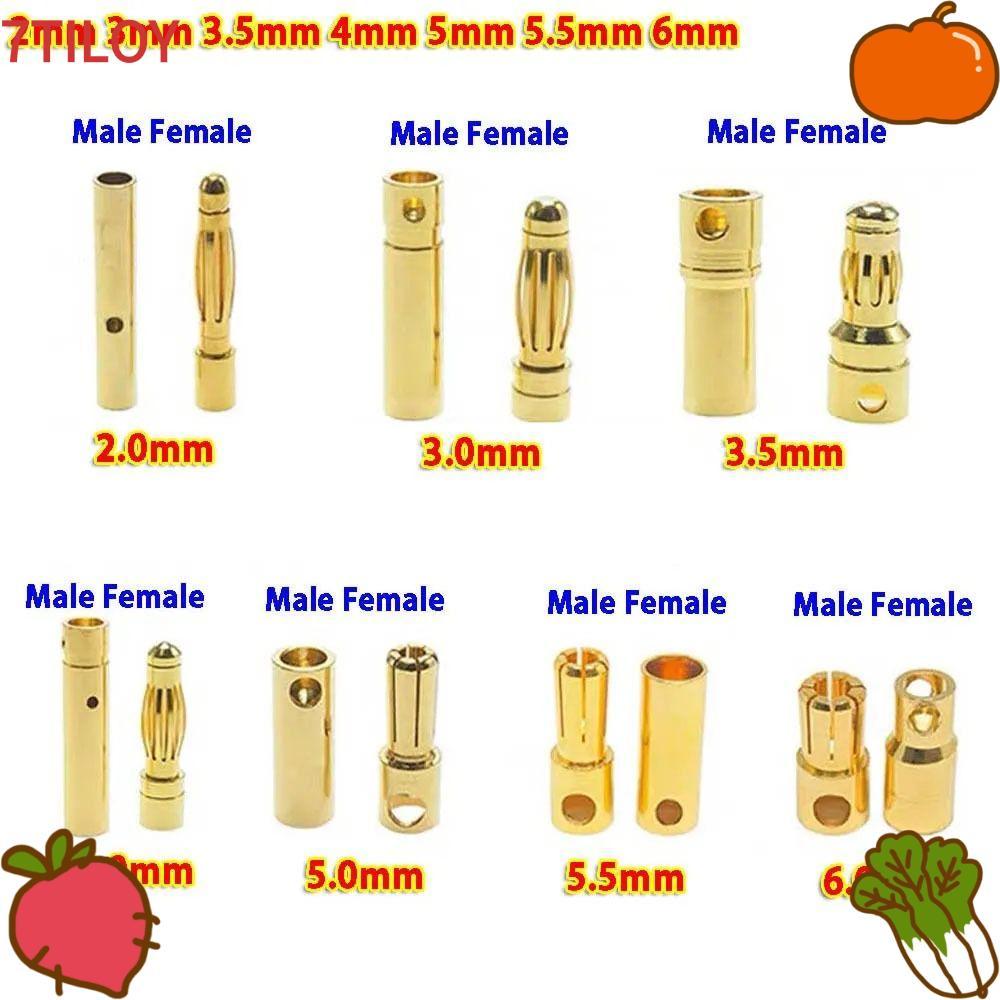 7TILOYSHOP แบตเตอรี่ Gold-plated Bullet Banana Plug,คุณภาพสูง 5 มม. 5.5 มม.6 มม.กล้วยชายหญิง Connector, 2/3/3.5/4 มม.RC อะไหล่แบตเตอรี่ DIY ปลั๊กแบตเตอรี่