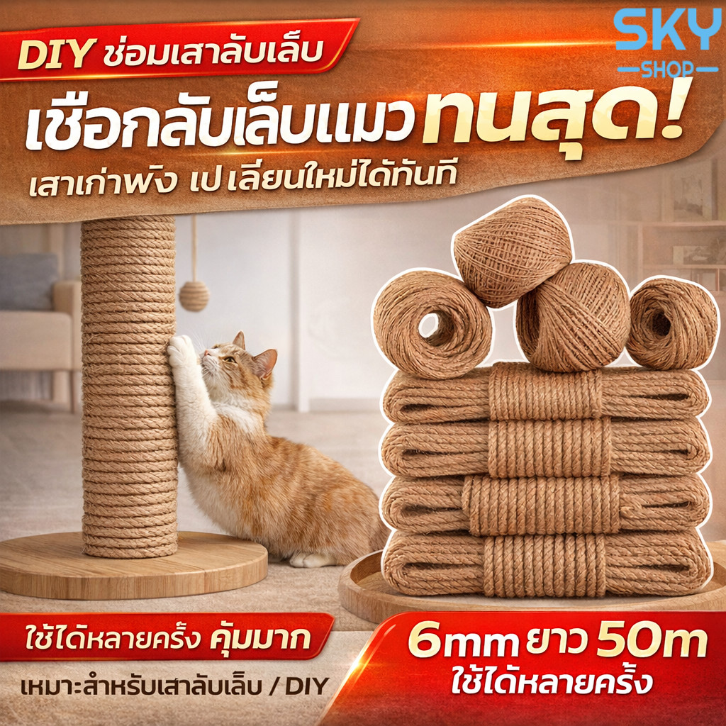 SKY เชือกป่าน ขนาด 6 mm ยาว 50 m เชือกลับเล็บแมว ที่ลับเล็บแมว แน่นหนา ทนต่อการขีดข่วน เชือกปอ สีน้ำตาล เชือกกระสอบ DIY