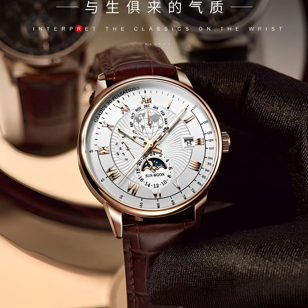 นาฬิกาผู้ชาย Swiss Ten Major นาฬิกาเครื่องอัตโนมัติกันน้ํา Luminous เข็มขัดนาฬิกาควอตซ์ของแท้ธุรกิจน