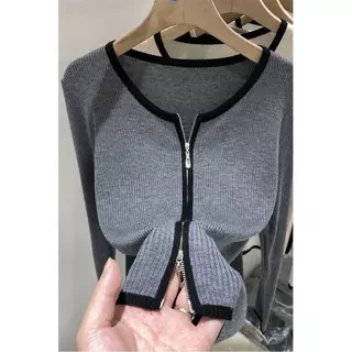 เสื้อคาร์ดิแกนแขนยาวผ้าถักเนื้อนุ่ม ยืดหยุ่น ดีไซน์แบบยุโรป มีซิปคู่ สำหรับผู้หญิง สไตล์ตะวันตก