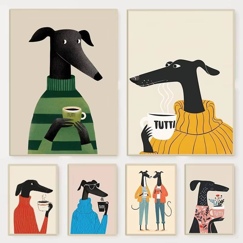 Modern Whimsical Animal Greyhound พิมพ์โปสเตอร์สีสันสุนัขน่ารักกาแฟผ้าใบภาพวาด Wall Art สําหรับห้องนั่งเล่นตกแต่งบ้าน