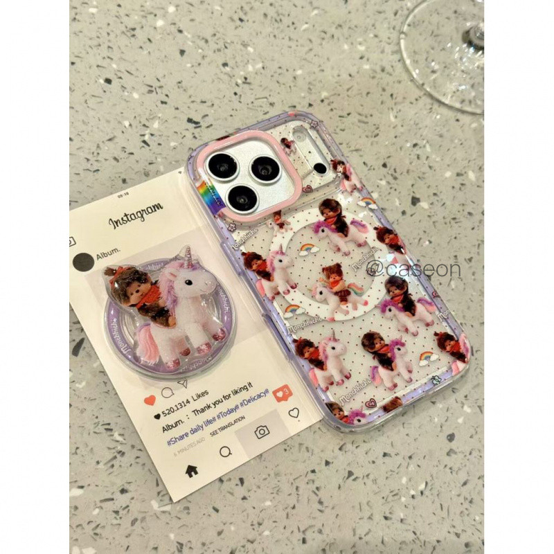แม่เหล็กการ์ตูนน่ารักเคสโทรศัพท์พร้อมขาตั้งสําหรับ IPhone 15 14 17 17 Pro Max 17pro 16pro 15pro 16promax ฝาครอบป้องกัน Hard Glitter Simple Clear