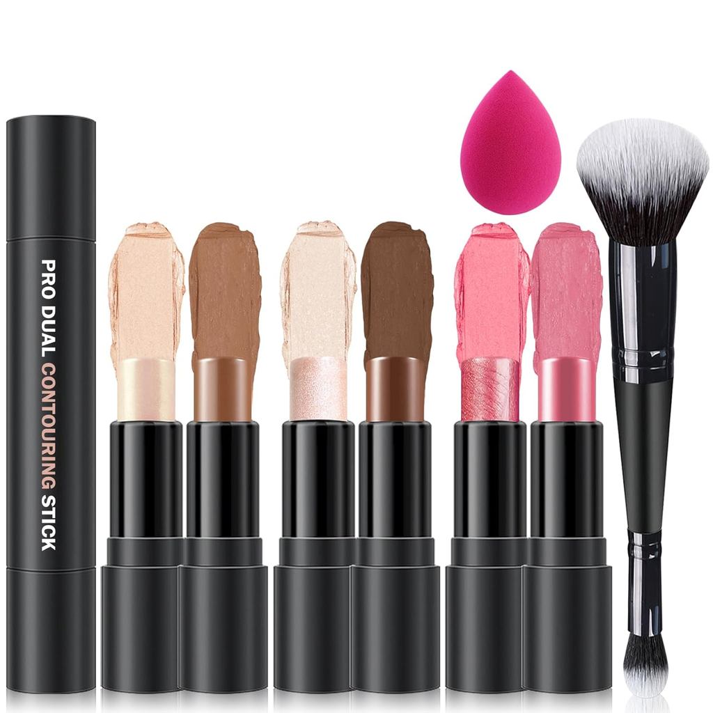 6 สีครีม Contour Stick แต่งหน้า Contour Kit,Double-ended Cream Bronzer Stick,ครีม Blush Stick,Lightw