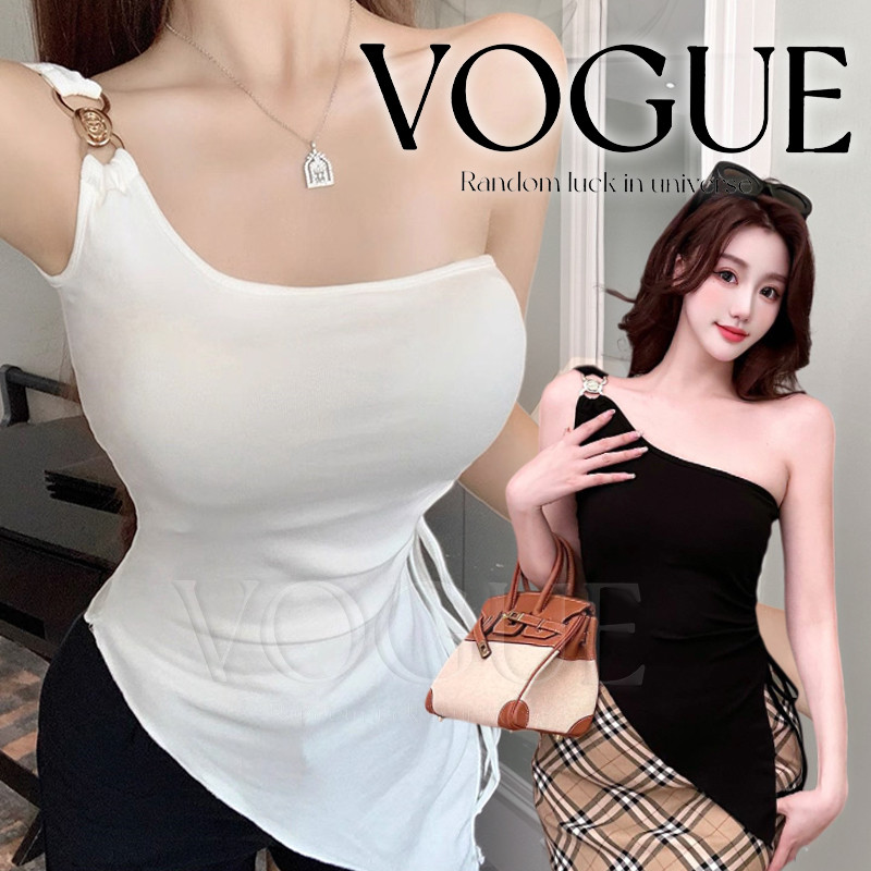 Vogue🌟พร้อมส่ง🌟 เสื้อกล้ามเสริมฟองน้ำ ดีเทลแต่งแขน1ข้าง เรียบหรูดูแพง (FY5524)