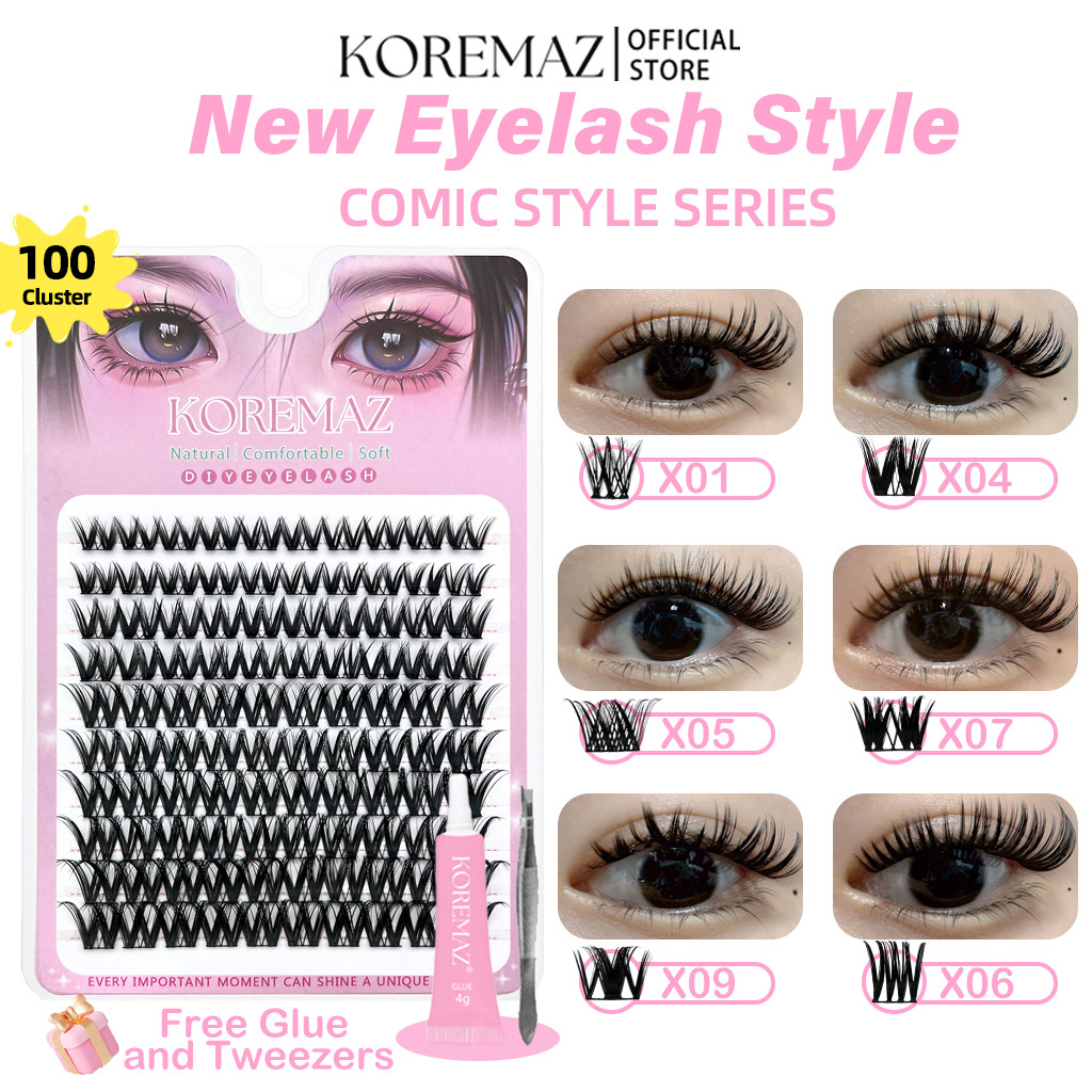 KOREMAZ ใหม่ขนตาชุดกาวและแหนบ DIY ขนตาปลอมหนานุ่มนํากลับมาใช้ใหม่ Cluster Lashes