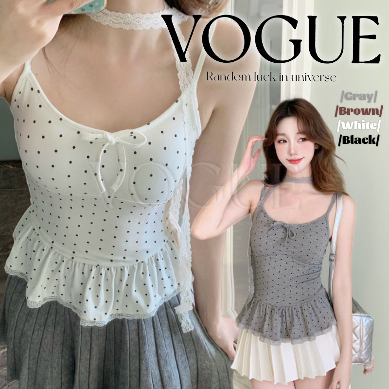 Vogue🌟พร้อมส่ง🌟 เสื้อสายเดี่ยว เสริมฟองน้ำ ดีเทลลายจุดสไตล์เกาหลี (FY5554)